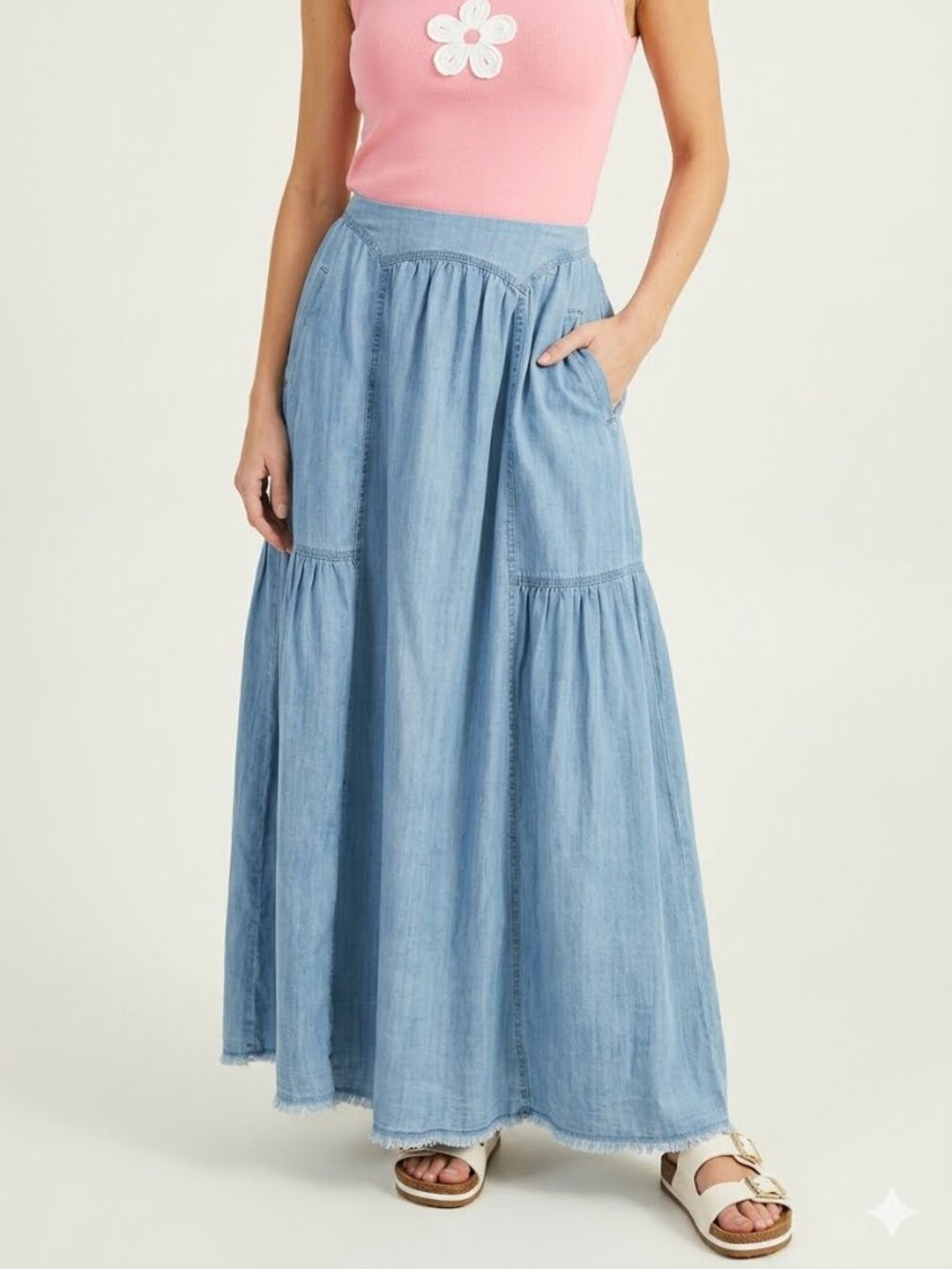 Easel The Fray Chambray Maxi Denim Skirt